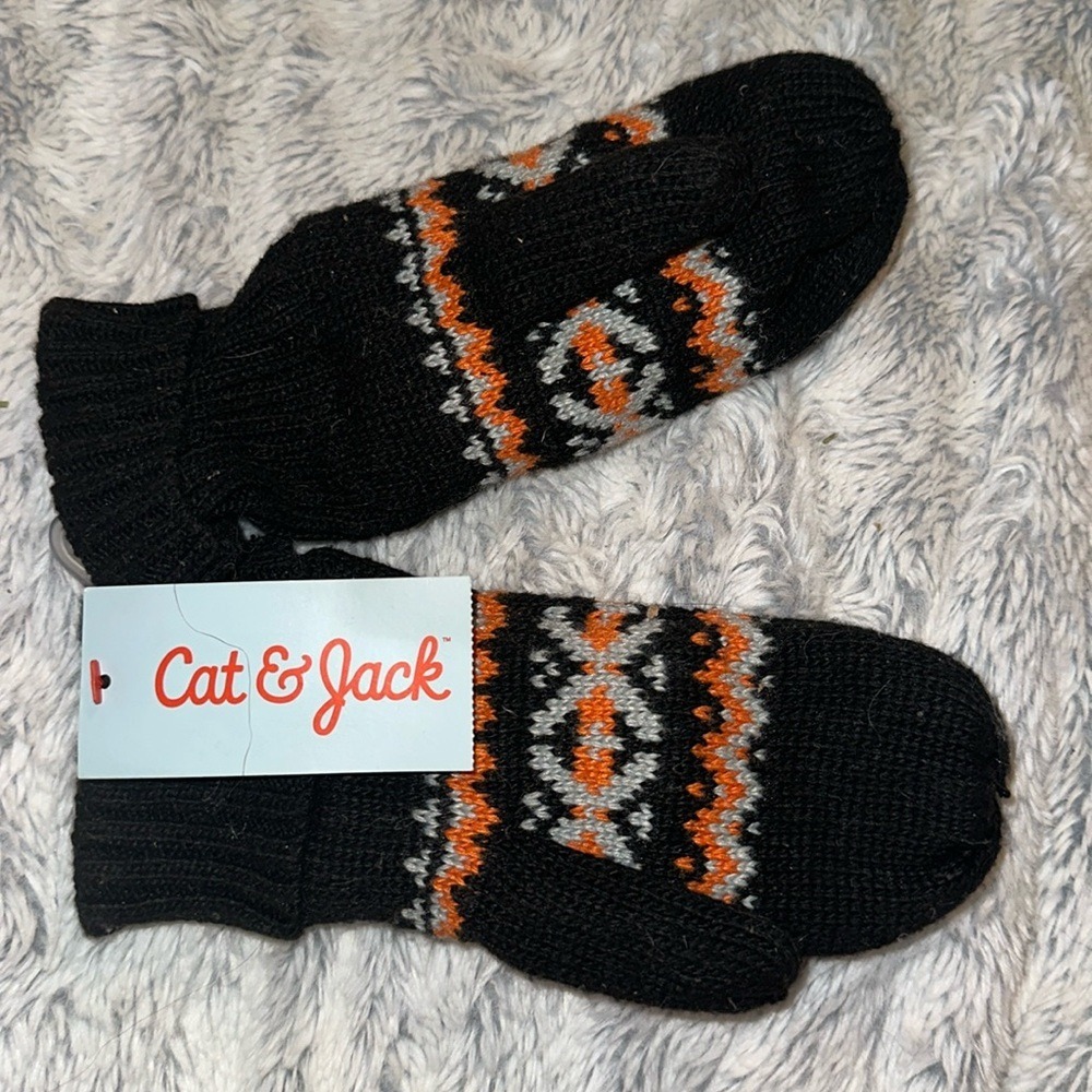 Cat & Jack Ebony Black Fair Isle Knit Mittens Orange Grey OSFM 202 06 0085